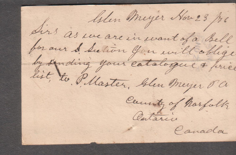 Canada 1876 postal card P Master Glen Meyer ON post office manuscript cancel