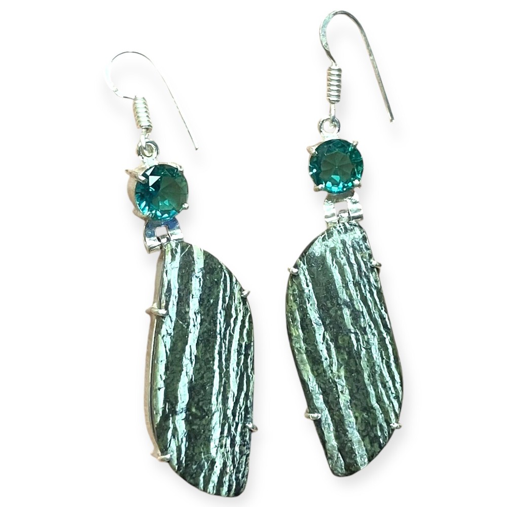 Boho Dangle Statement Rhinestone Acrylic & Silver Tone Teal Green 2.52" Earrings