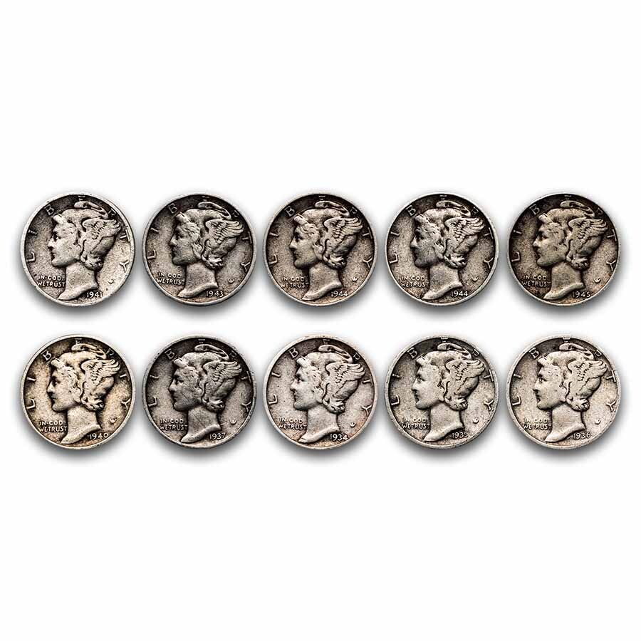 $1.00 Face Value 90% Mercury Dimes Avg Circ