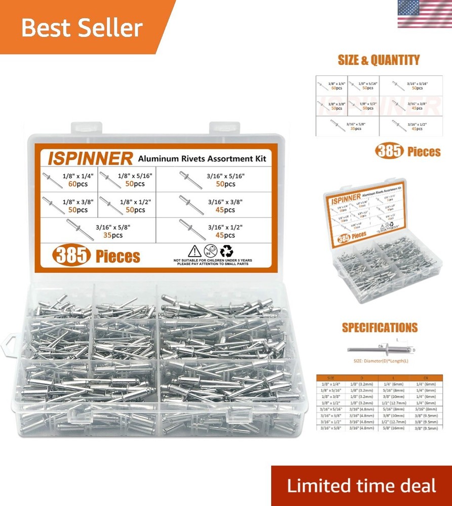 Versatile Aluminum Rivets Kit - 8 Sizes, 385 Count - Ideal for Home Projects