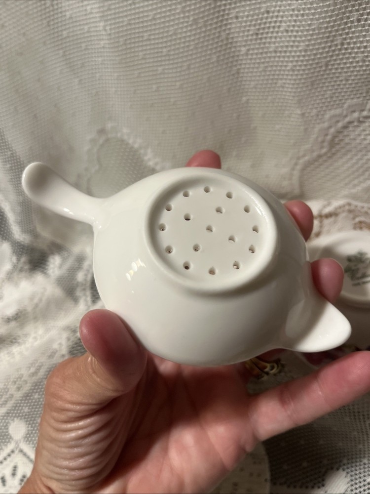 Vtg Allyn Nelson Fine Bone China Rose Pattern Tea Strainer & Drip Bowl Set
