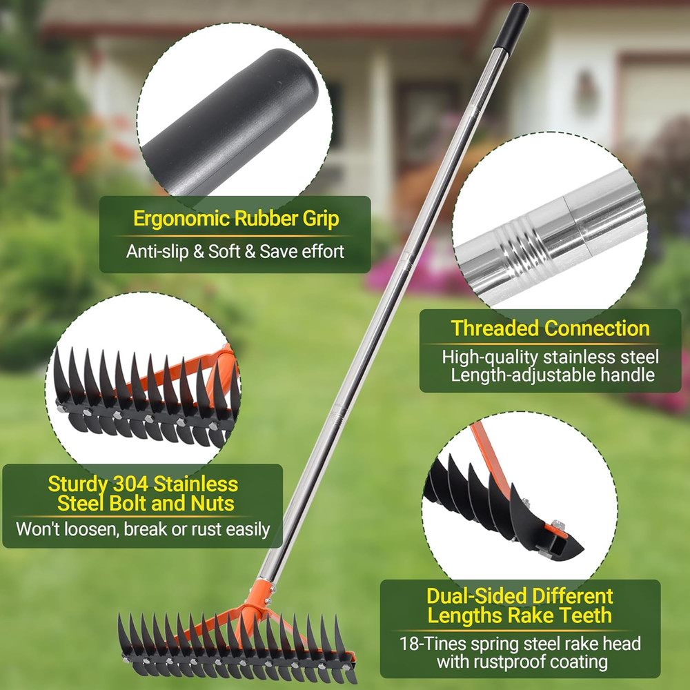 Thatch Rake for Lawns 18 Sharp Tempered Spring Steel Tines Dethatcher Rake Heavy