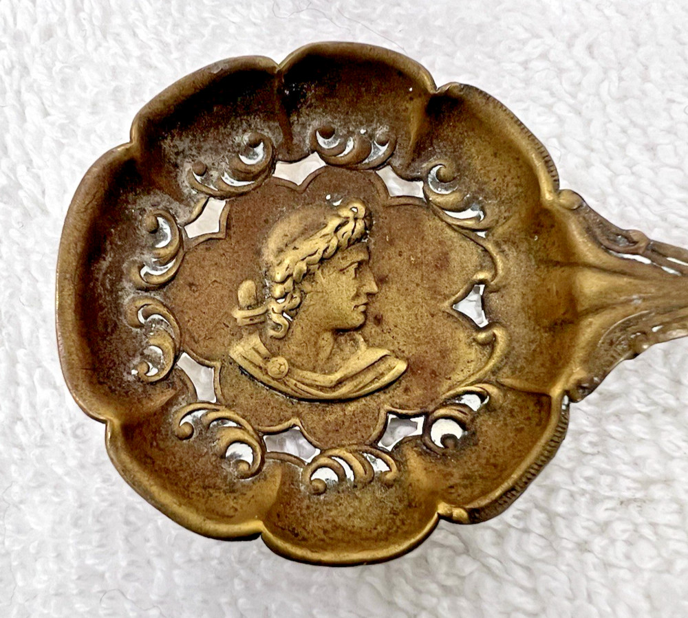 Antique The Apollo Chocolates Brass Sample Spoon w Cameo & Feathery Design