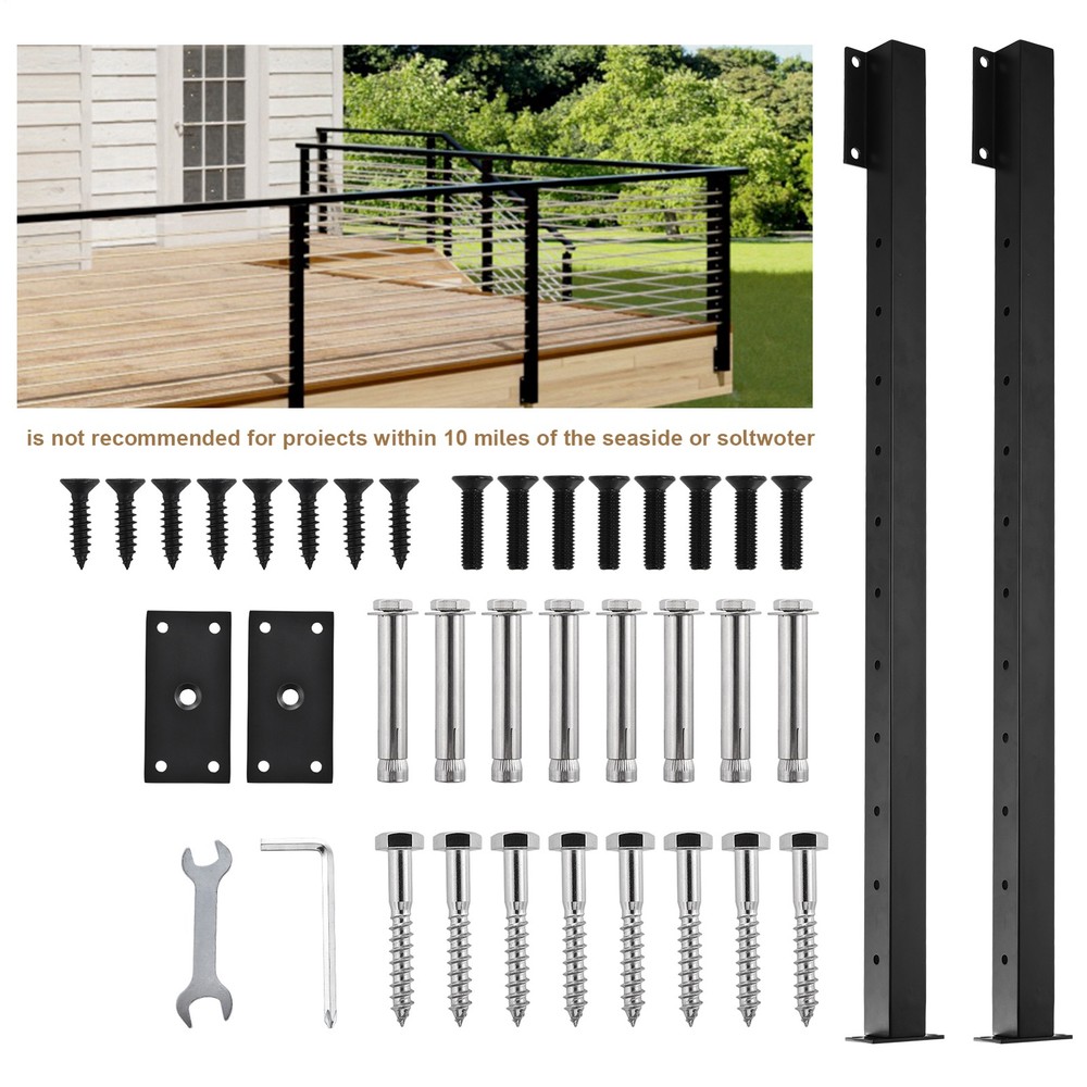 2 Pack Side Mount Cable Railing Post 38", Level Drilled Space-Saving Rail Post
