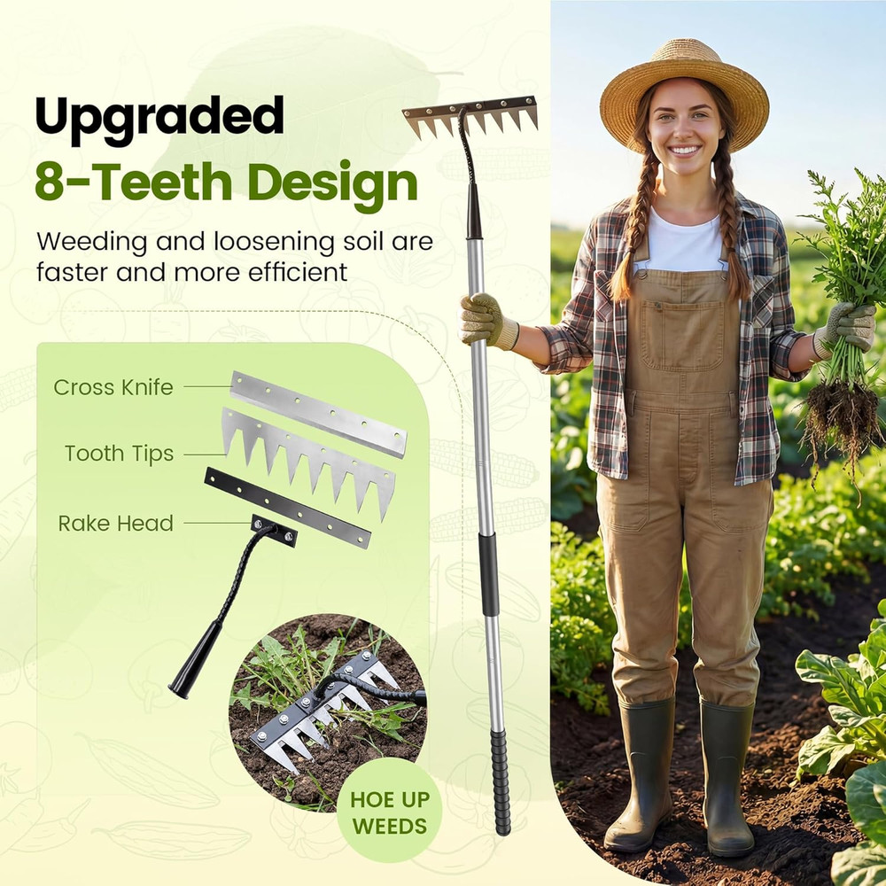 Iron Weeding Rake with Long Handle - Upgraded 8 Teeth Weed Puller Tool, Heavy Du