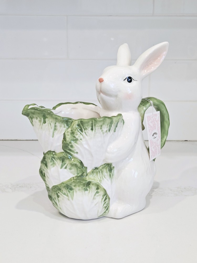 Hopper's Lane Easter Bunny Pitcher Cabbage Leaf Ceramic 9.5in
