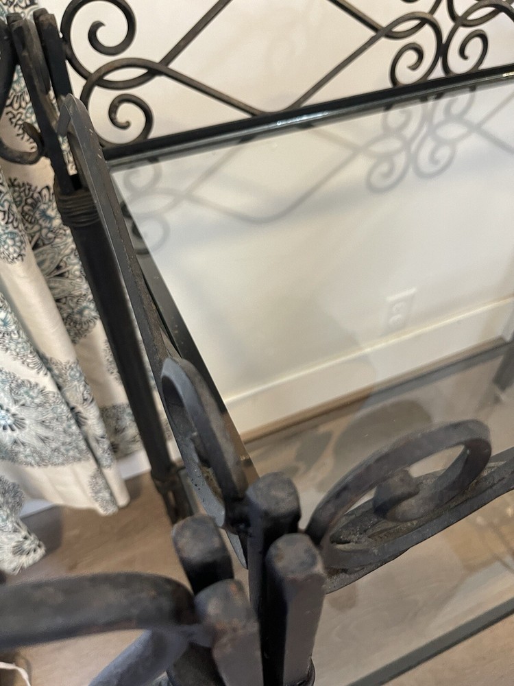 Antique Solid Wrought Iron And Glass Service Cart