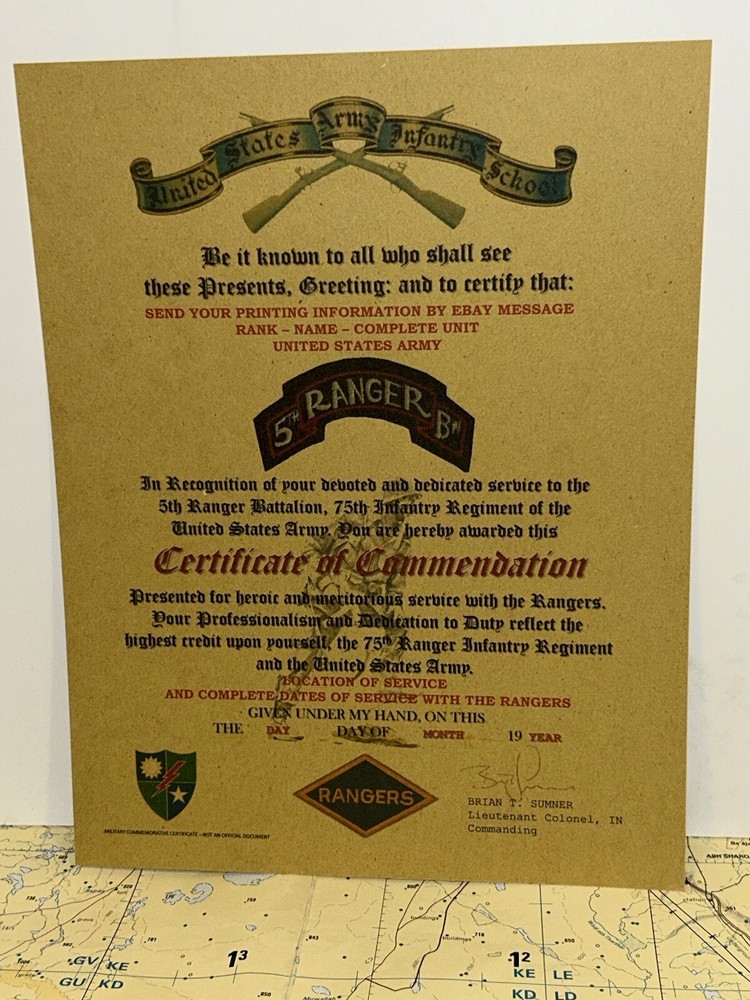 U.S. ARMY RANGER - 5TH BN / 75TH INFANTRY-REPLACEMENT COMMEMORATIVE CERTIFICATE