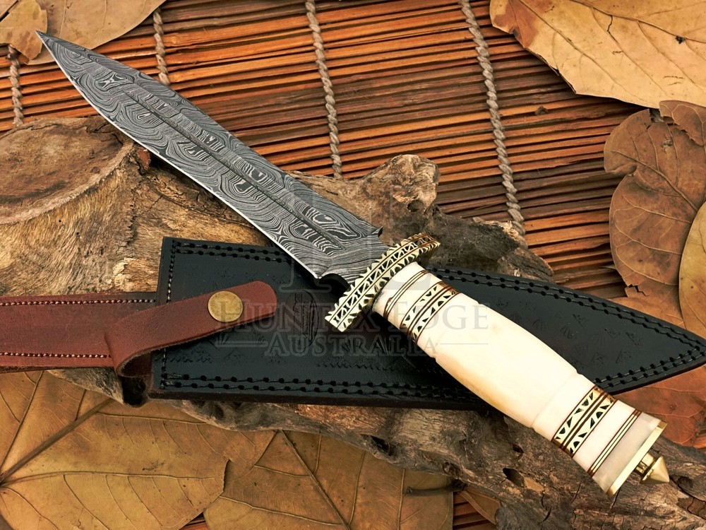 HUNTEX Handmade Damascus Blade, Camel Bone Handle, 380mm Long Exotic Boot Dagger