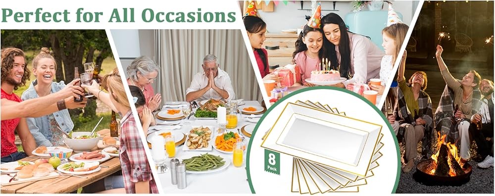 Plastic Serving Trays, White and Gold Rim Plastic Serving