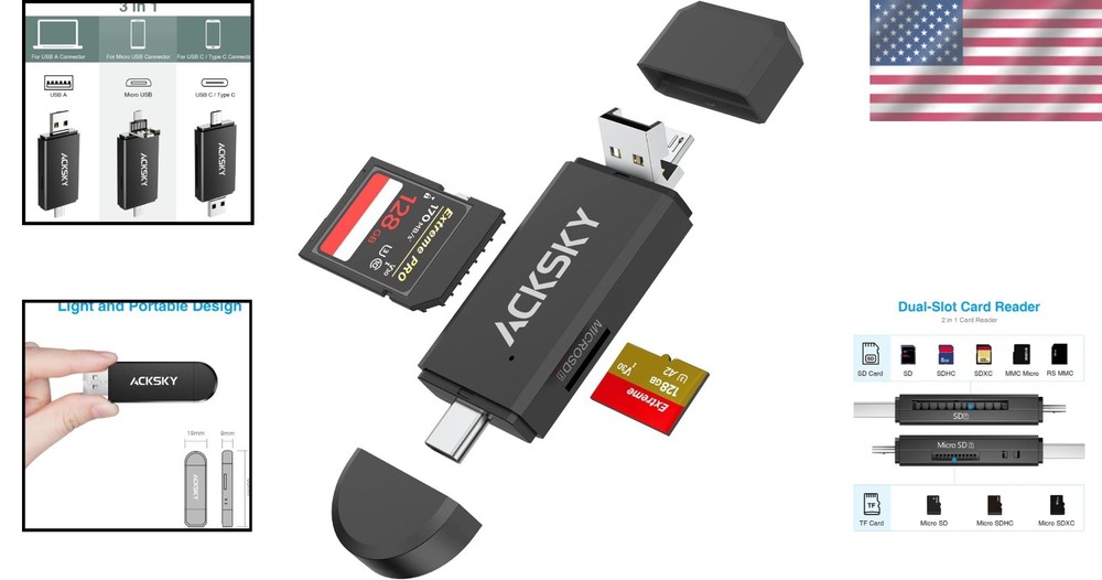 High-Speed 3-in-1 Memory Card Reader - Type-C, USB-A, Micro USB for All Devices