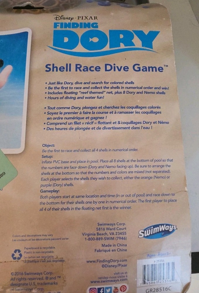 Finding Dory Shell Race Dive Game 8 Numbered Game Pieces & Floating Net.