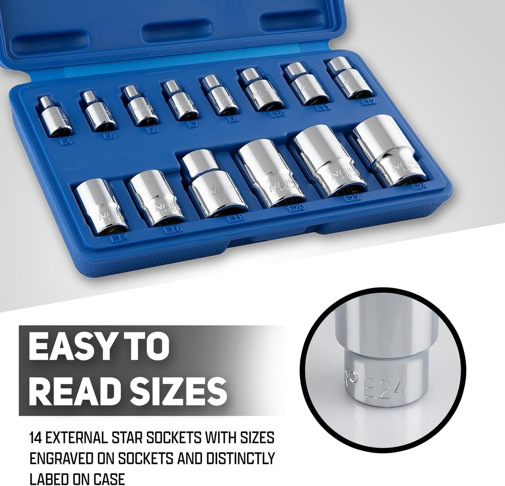 E-Torx Socket Set, 14 Piece, External Torx Socket, E4 to E24, 04300A