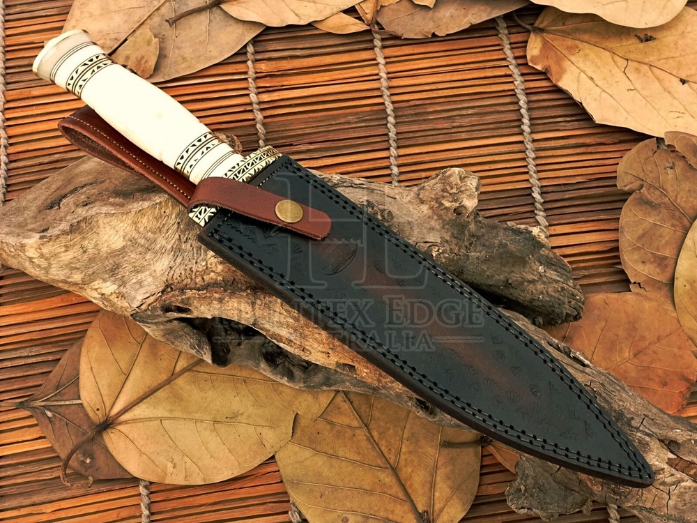 HUNTEX Handmade Damascus Blade, Camel Bone Handle, 380mm Long Exotic Boot Dagger