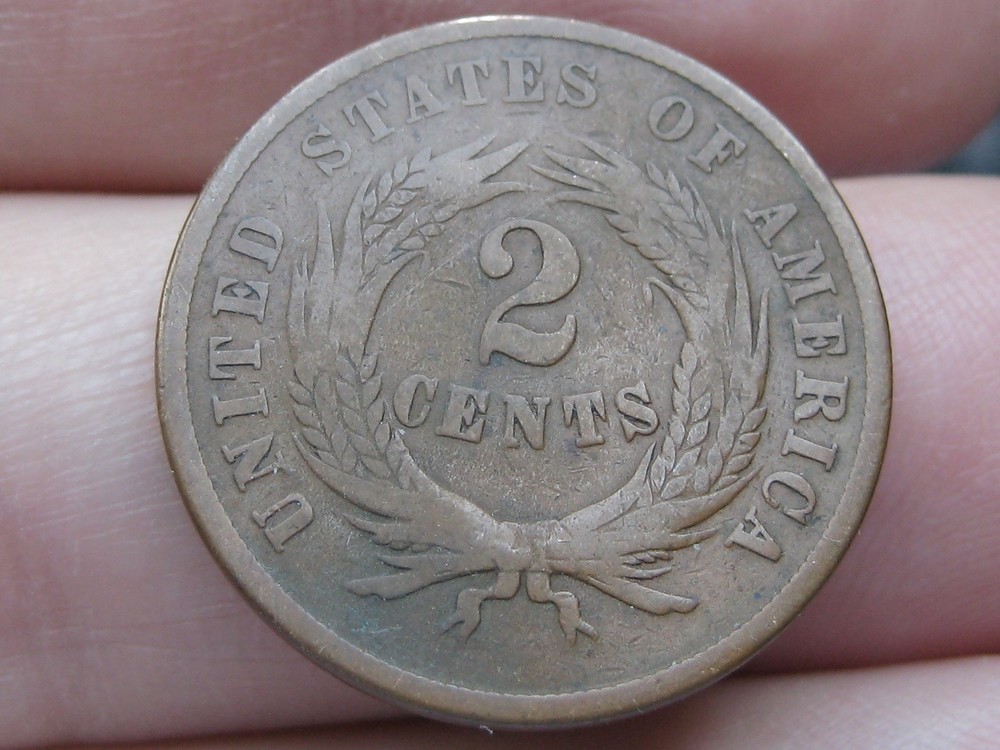 1865 Two 2 Cent Piece- Plain 5, Chocolate Brown, Good Details