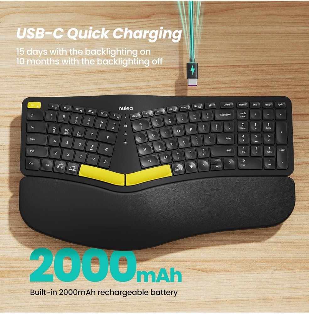Nulea Wireless Ergonomic Keyboard, Split Keyboard with Cushioned Wrist Rest, Blu