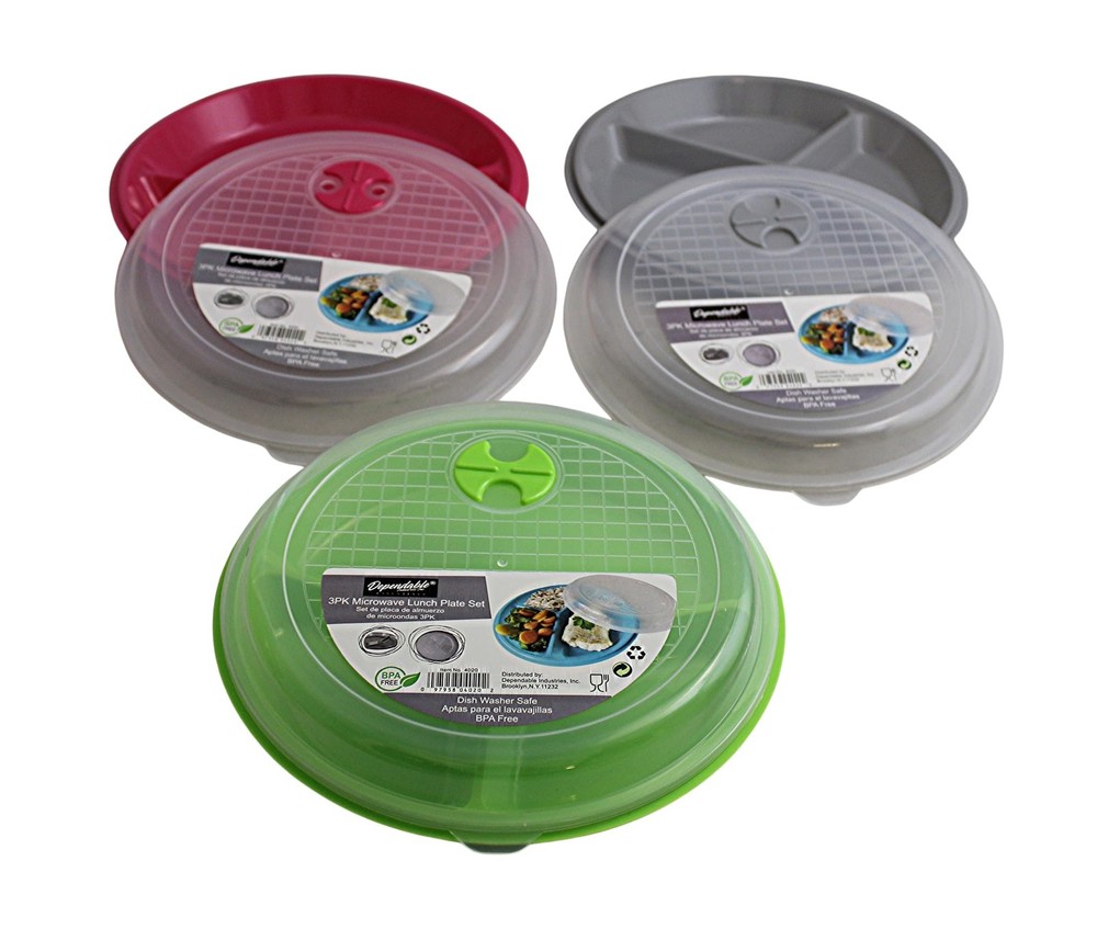 3-Pack Divided Microwave Plates with Vented Lids – Mixed 8 inch, Multicolor
