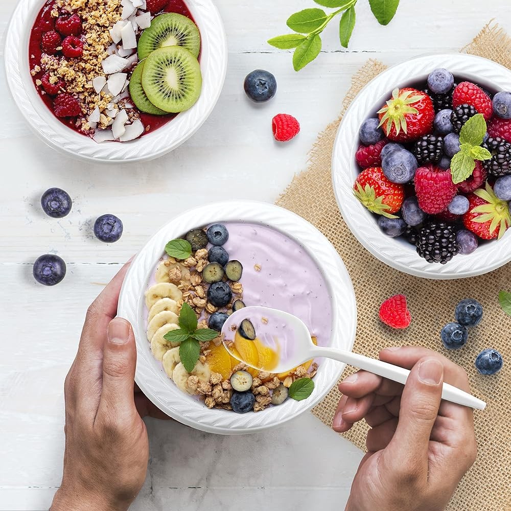 White Plastic Bowls - Microwavable Disposable Bowls - Strong Heavy