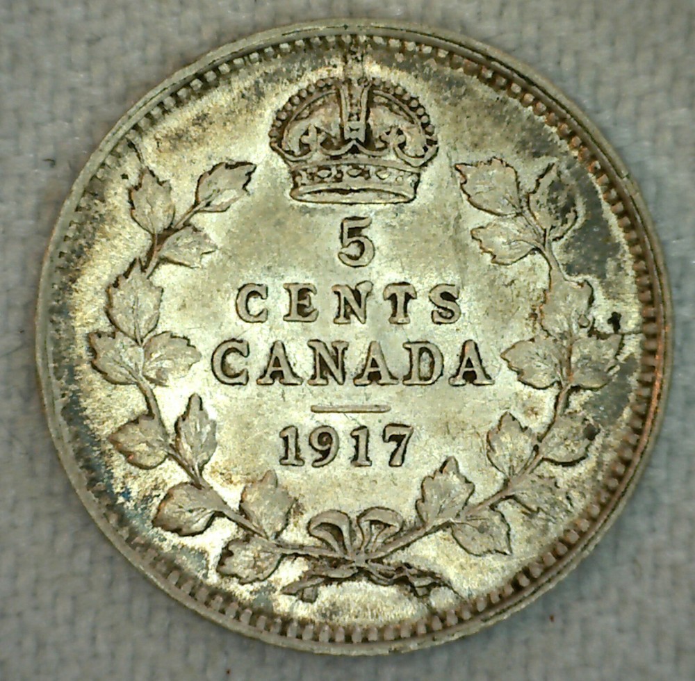 1917 Canada 5 Five Cent Coin Silver Almost Uncirculated