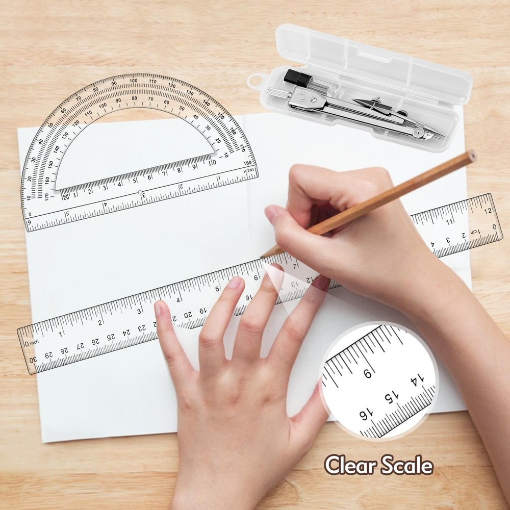3 Pcs Plastic 12 Inch Ruler, Clear Protractor and Compasses Set for Student G...