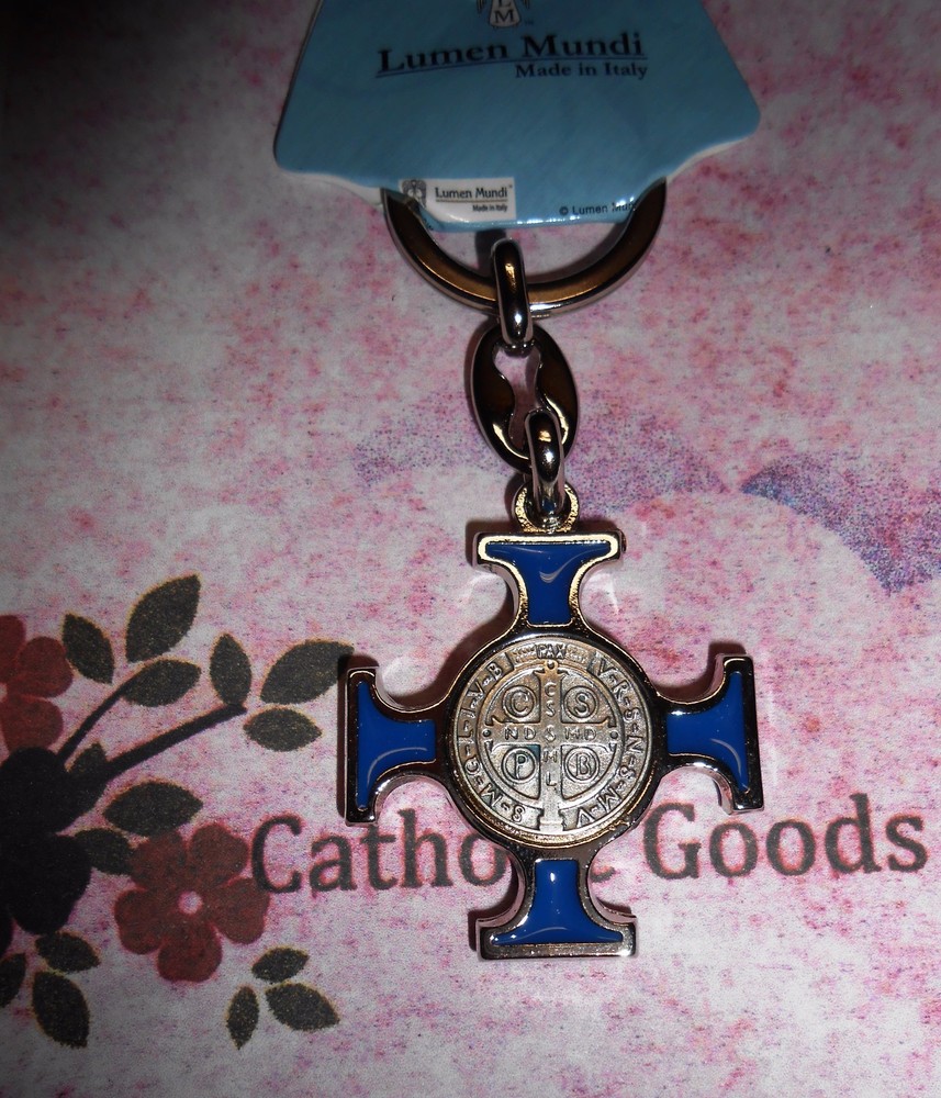 St Saint Benedict Cross Medal Key Chain Blue