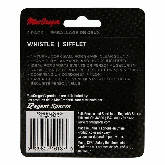 MACGREGOR PVC WHISTLE W/LANYARDS, PACK/2, BLACK