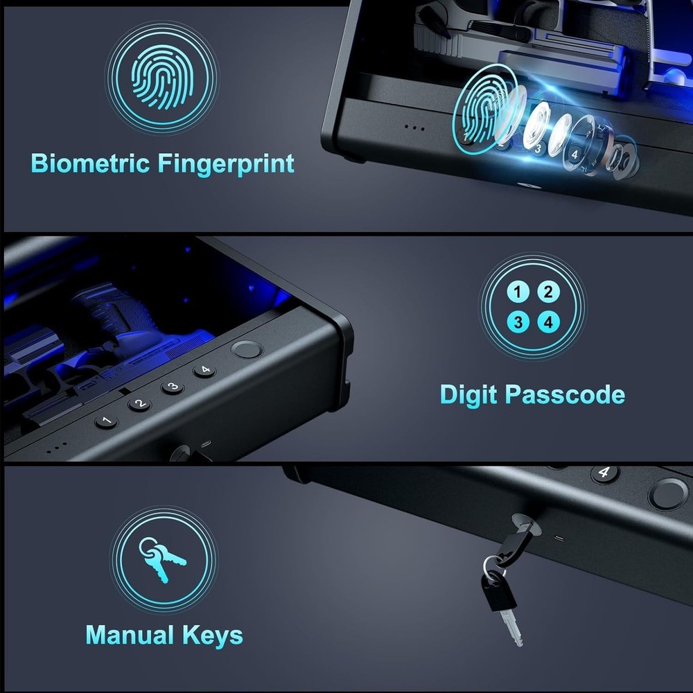 Quick Access Fingerprint Pistol Safe with Interior Light Features