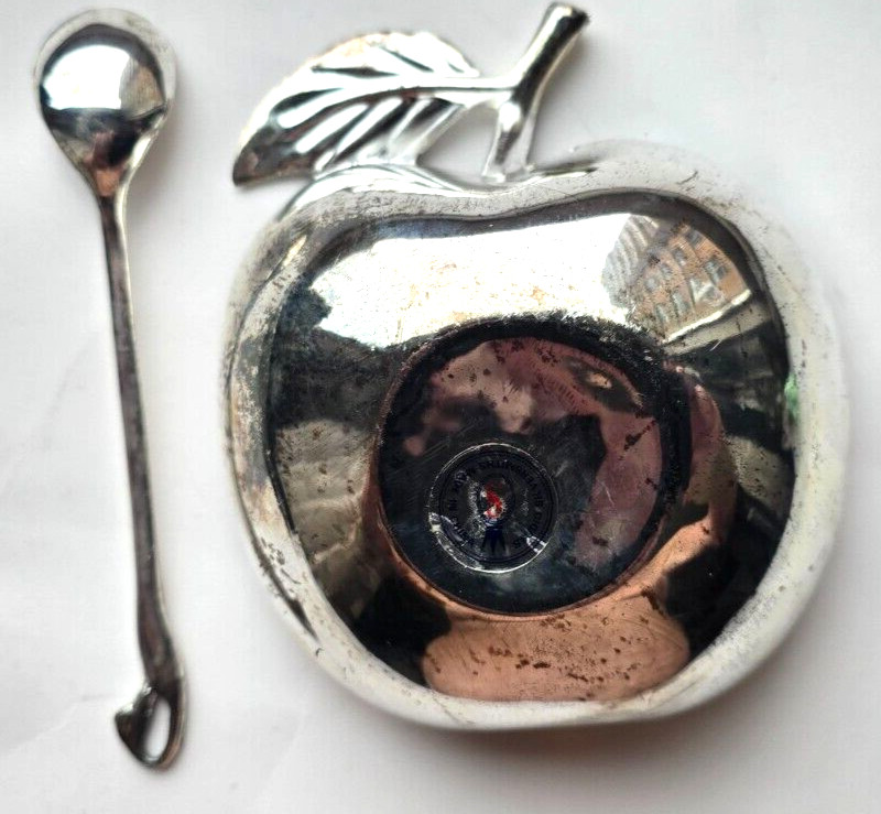 Apple Shared Honey Dish/Spoon Silver Plated for Rosh Hashanah 2 spoons