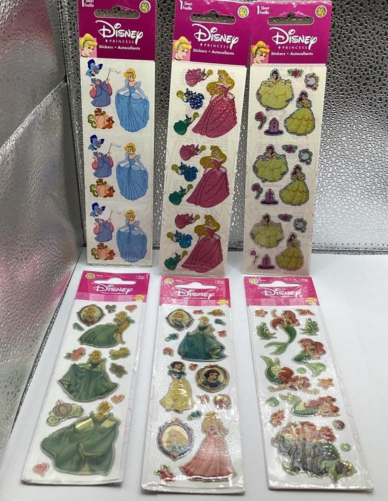 6 Disney Princesses Sticker Sheets , Puffy , glittery And Regular