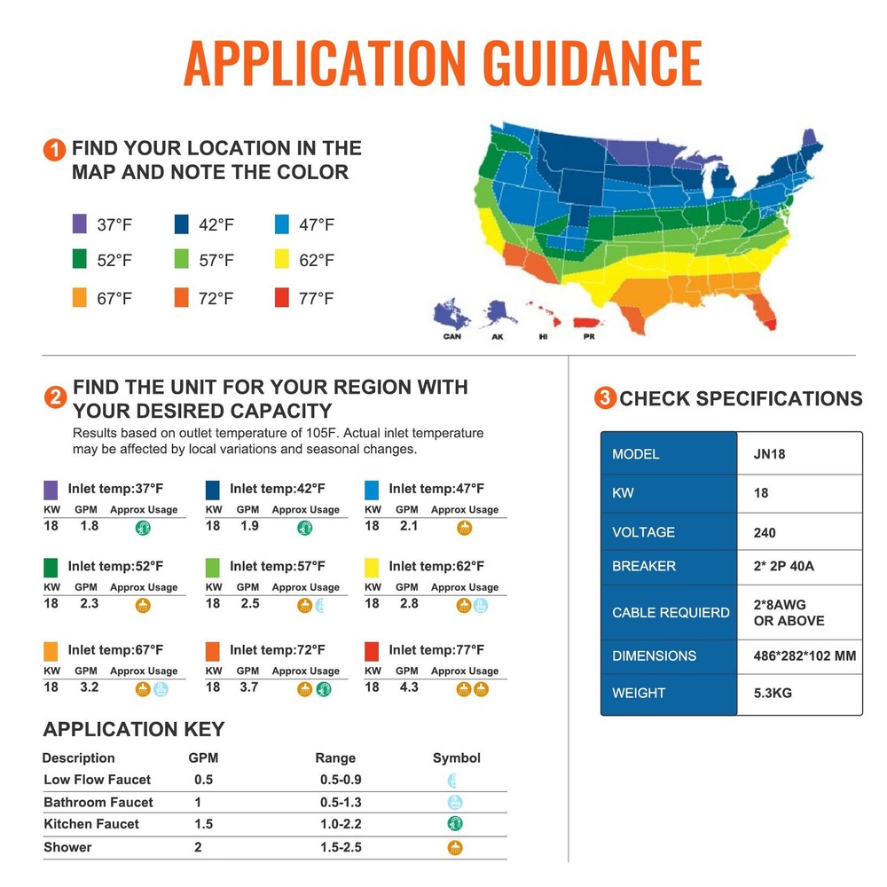 Electric Tankless Water Heater 18kW, for Kitchen & Shower Use