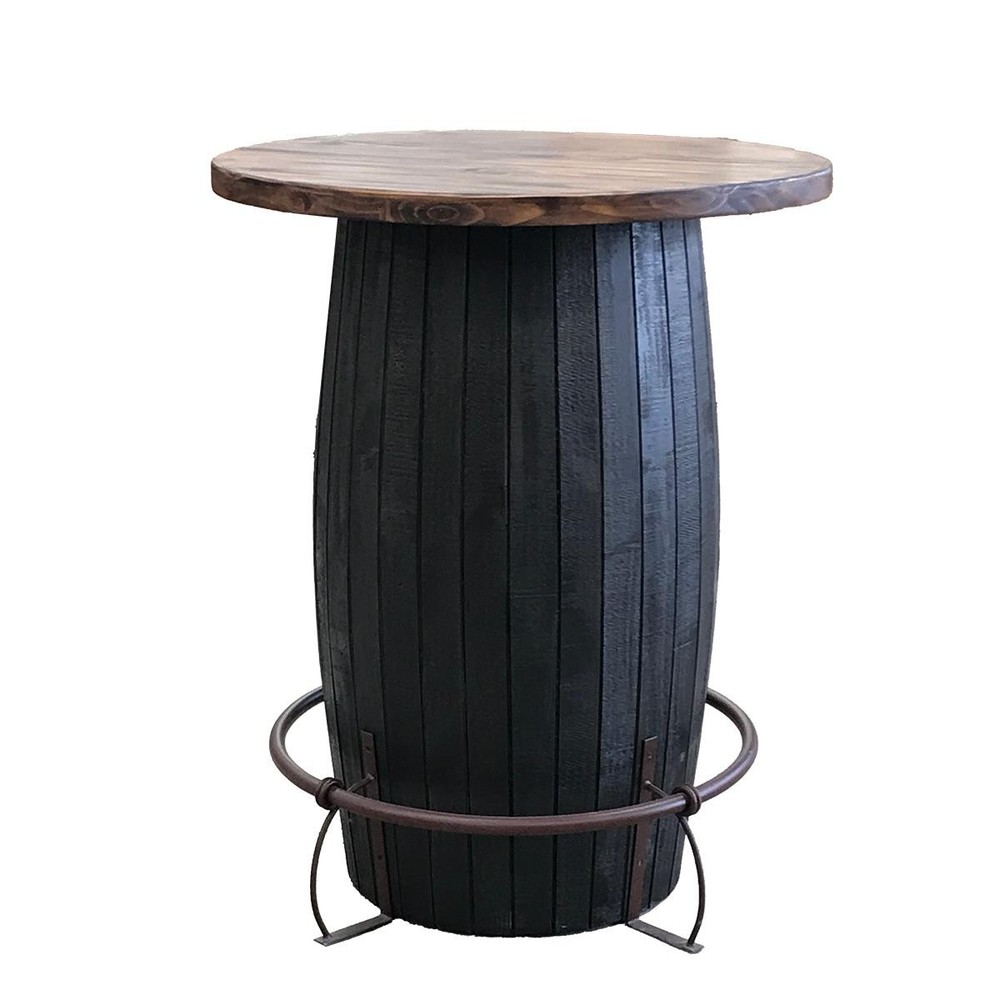 Whiskey Barrel Pub Table - Charred Black Base with Rustic Wood Top