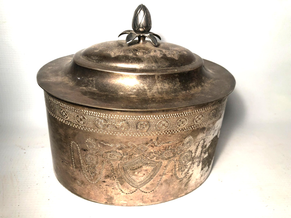 Vintage Silver Plate Copper Tea Caddie Container Engraved Design
