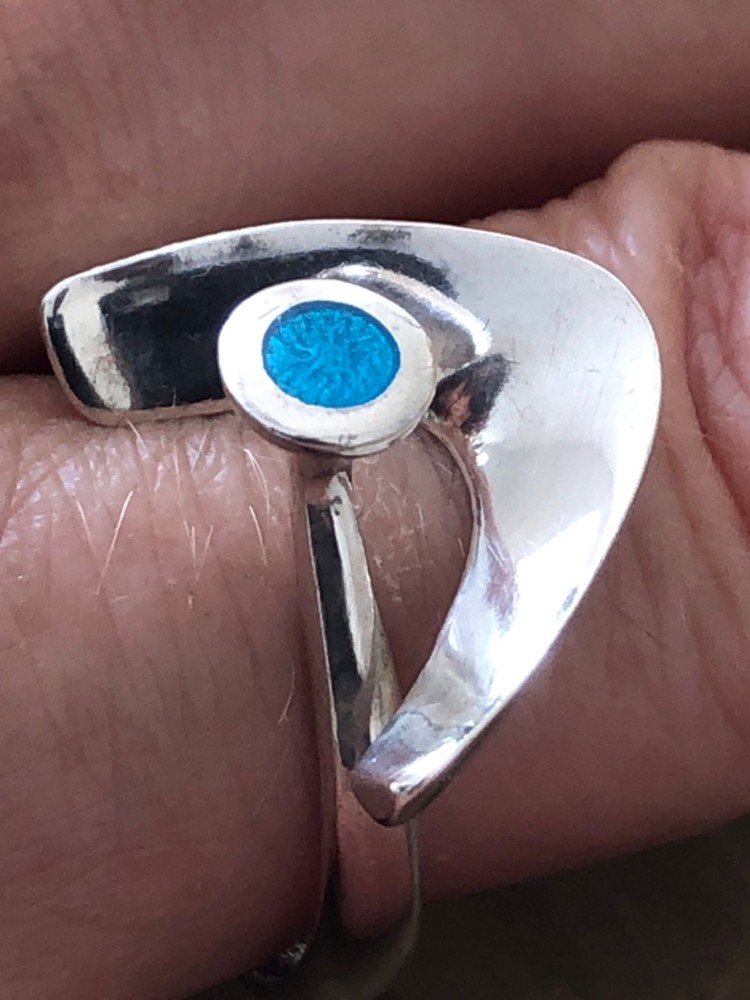 Italian Designer Hallmarked AR Silver Ring with Blue Enamel.
