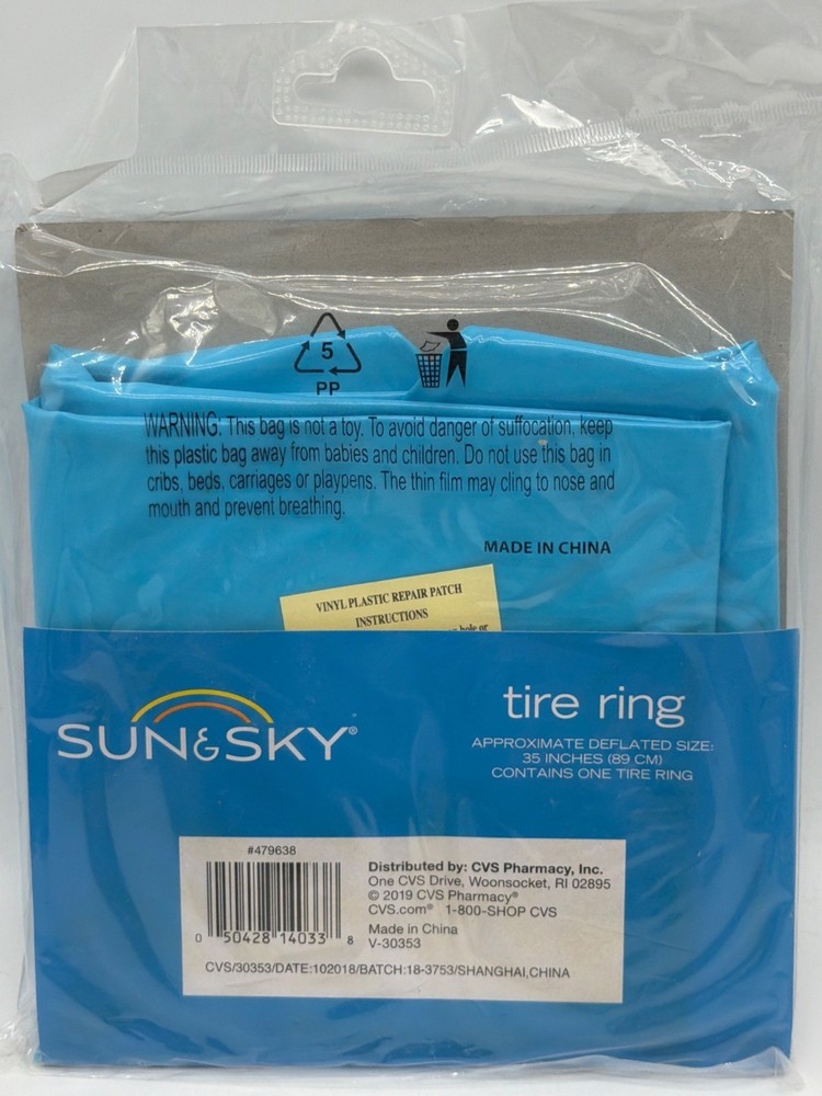 Sun & Sky Inflatable Tire Ring Float 35" Diameter Turquoise & White For Ages 4+