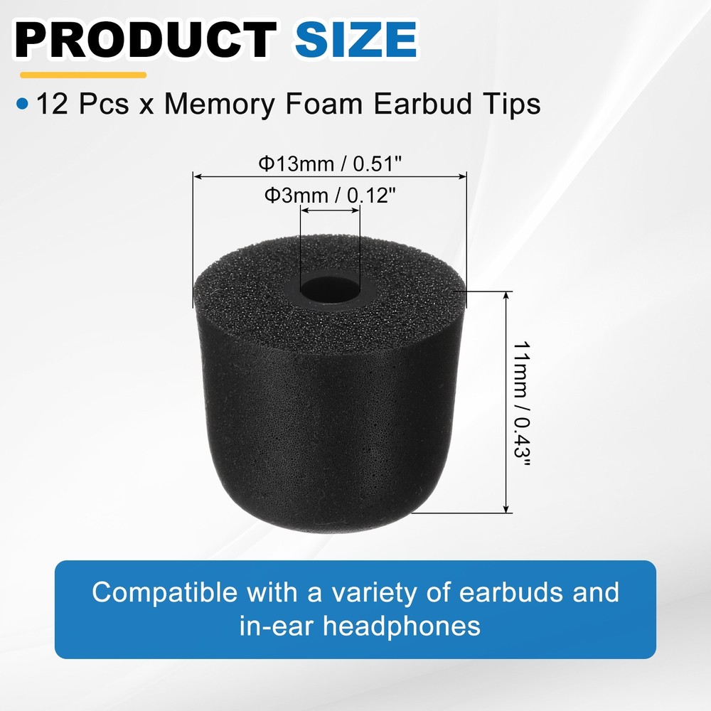 Memory Foam Earbud Tips (3mm/0.12"), 12Pcs - Large Ear Bud Tips, Black