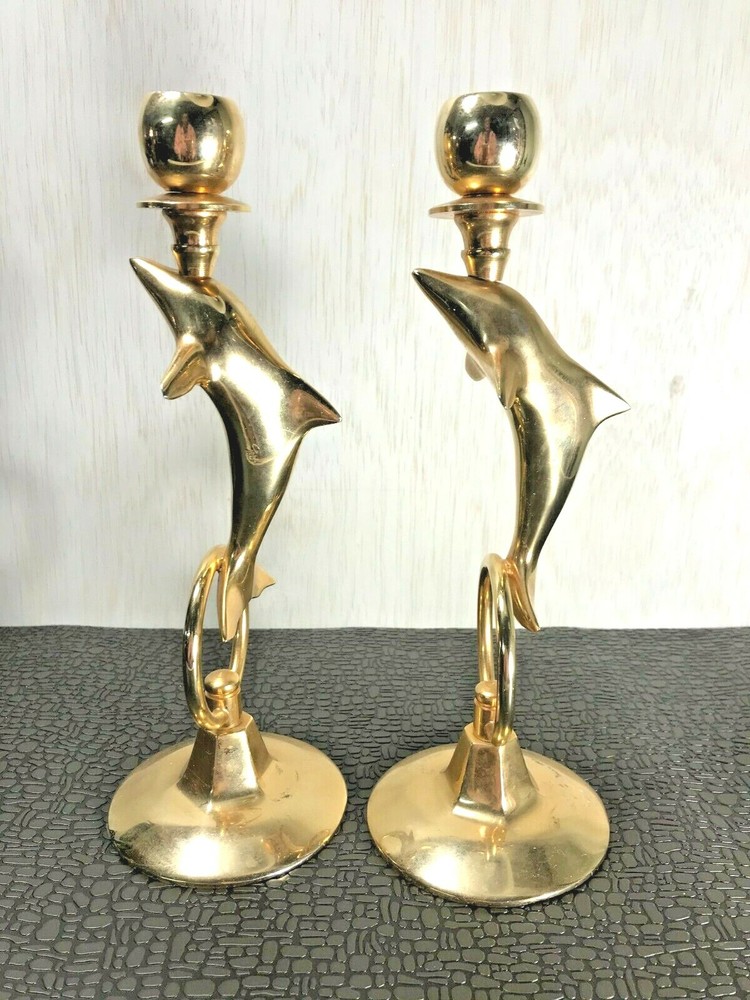 Set of 2 Solid Brass Dolphin Candle Holders *