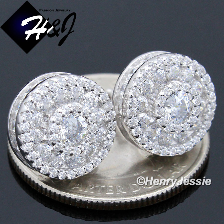 MEN SOLID 925 STERLING SILVER ICY BLING CZ 12MM ROUND 3D STUD EARRING*E172