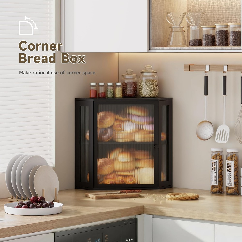Vellzeyce Corner Bread Box for Kitchen Countertop,Double Extra Large, Black