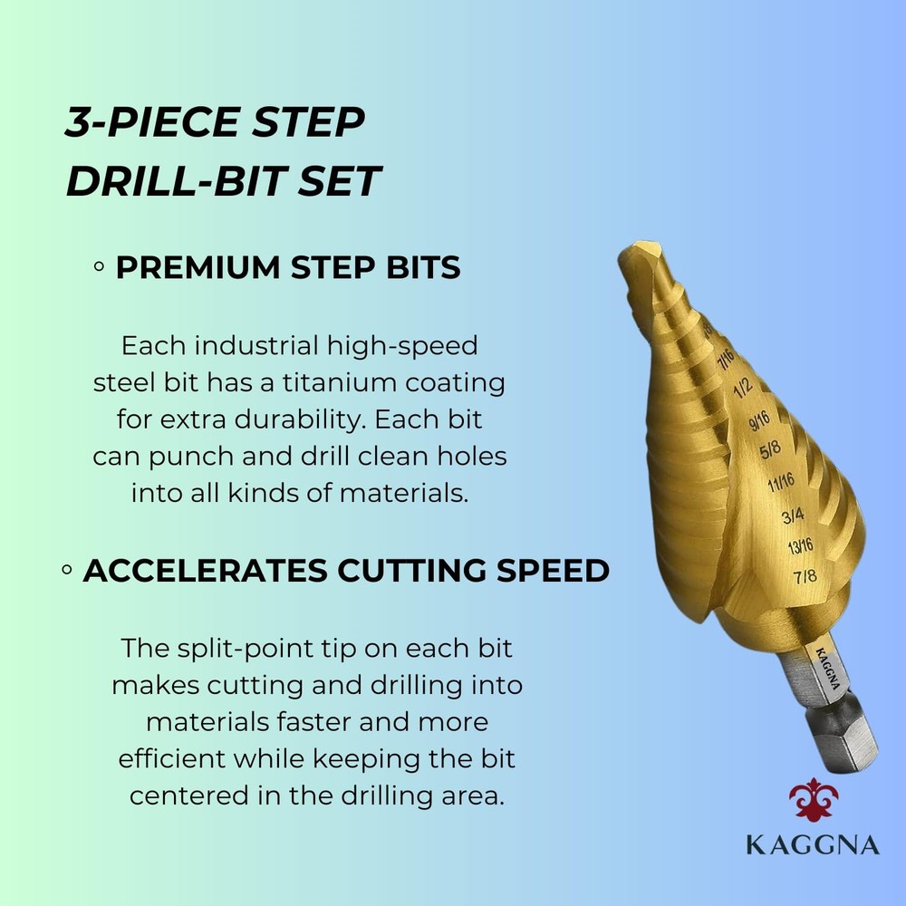 KAGGNA Step Drill Bit Set, Titanium Coated Bits, 3 Pcs, Spiral Grooved...