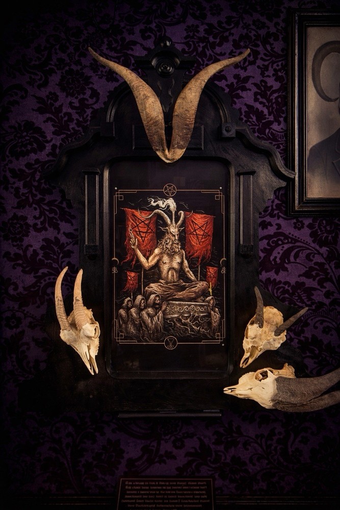 Gothic Occult Wall Display Antique Frame - Baphomet Goat Skull & Horn Assemblage