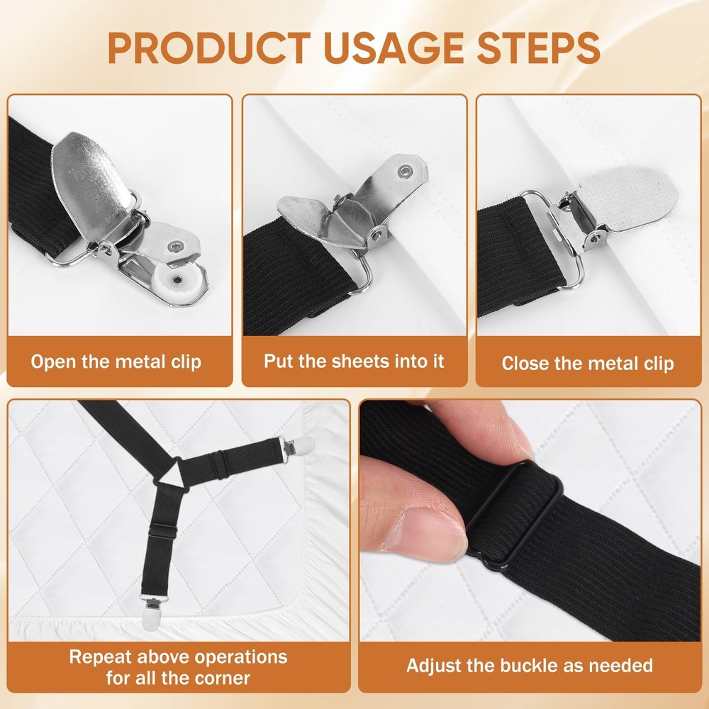 LKbeuuu Bed Sheet Holder Straps, 2Pcs Elastic Adjustable Black