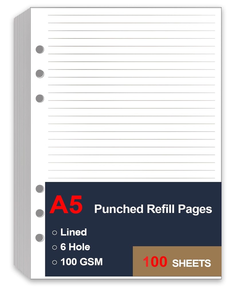 A5 Lined Paper Refill, 6 Hole Notebook Refills 6Hole 100Sheets, White