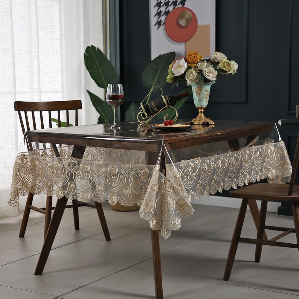 Clear Plastic Tablecloth Waterproof Rectangle Vinyl Table Cloth with Embroide...