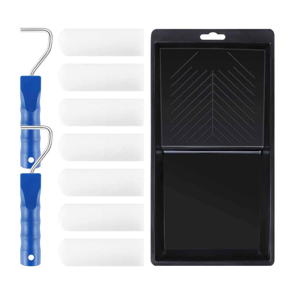 XDT Foam Paint Roller 10Pc Set 7Pc 4" Replacement Roller 2Pc Handle 1Pc Tray