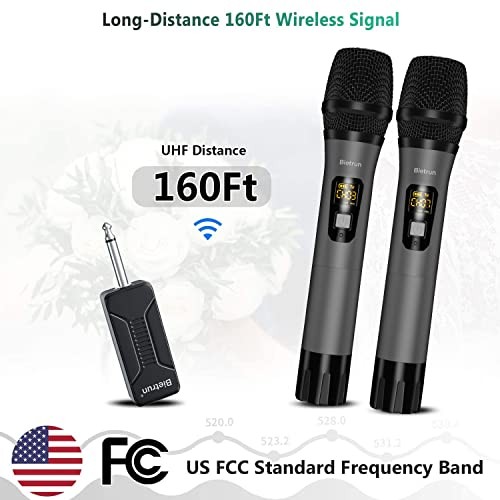 Wireless Microphone, UHF Metal Dual Handheld Cordless Dynamic Mic System Grey