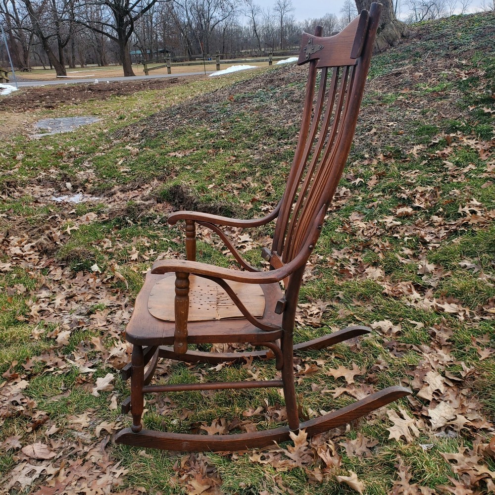 ANTIQUE OAK PRESSED BACK BRASS HARDWARE ROCKING CHAIR