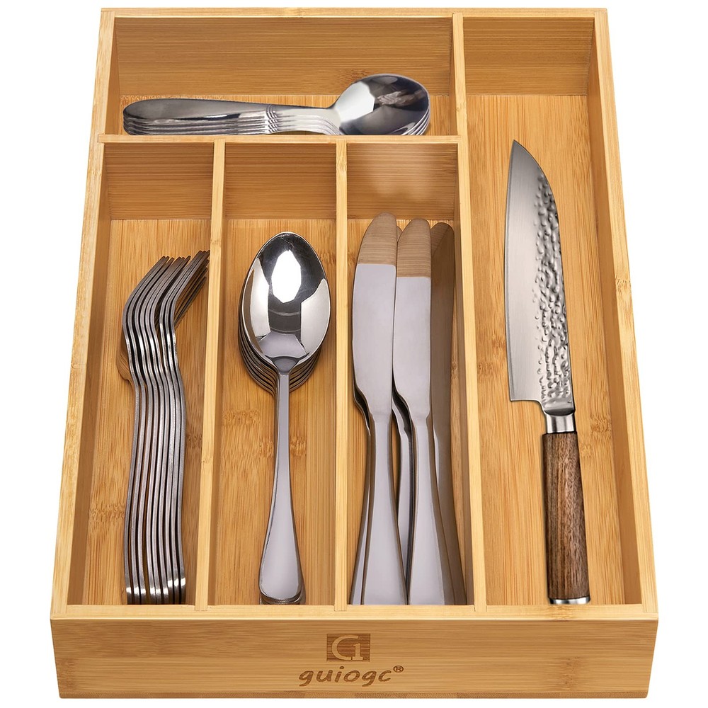 guiogc Kitchen Bamboo Silverware Drawer Organizer，Silverware 5 Slot, Natural