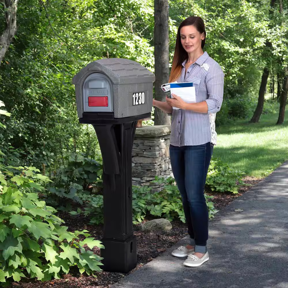 Classic Home Gray Stone / Black Post Mount Mailbox