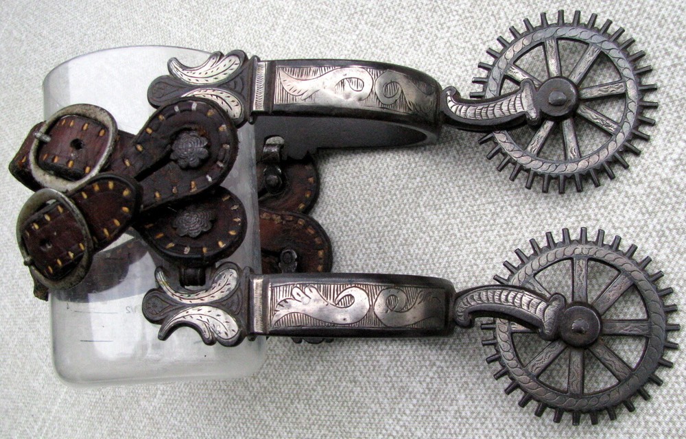 SPANISH COLONIAL TRANSITIONAL DBL MTD ENGRAVED 2 PATTERN CLOCK GEAR ROWELS c1850