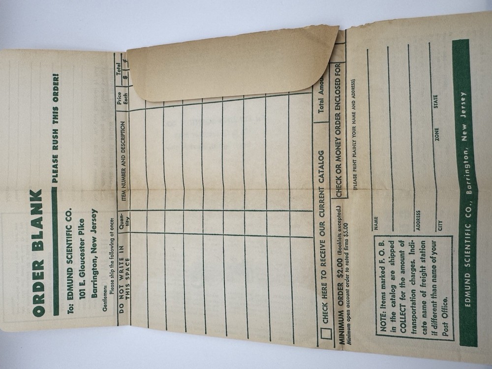 Edmund Scientific Co Order Form Envelope Science Optics Space Math LS 1950s